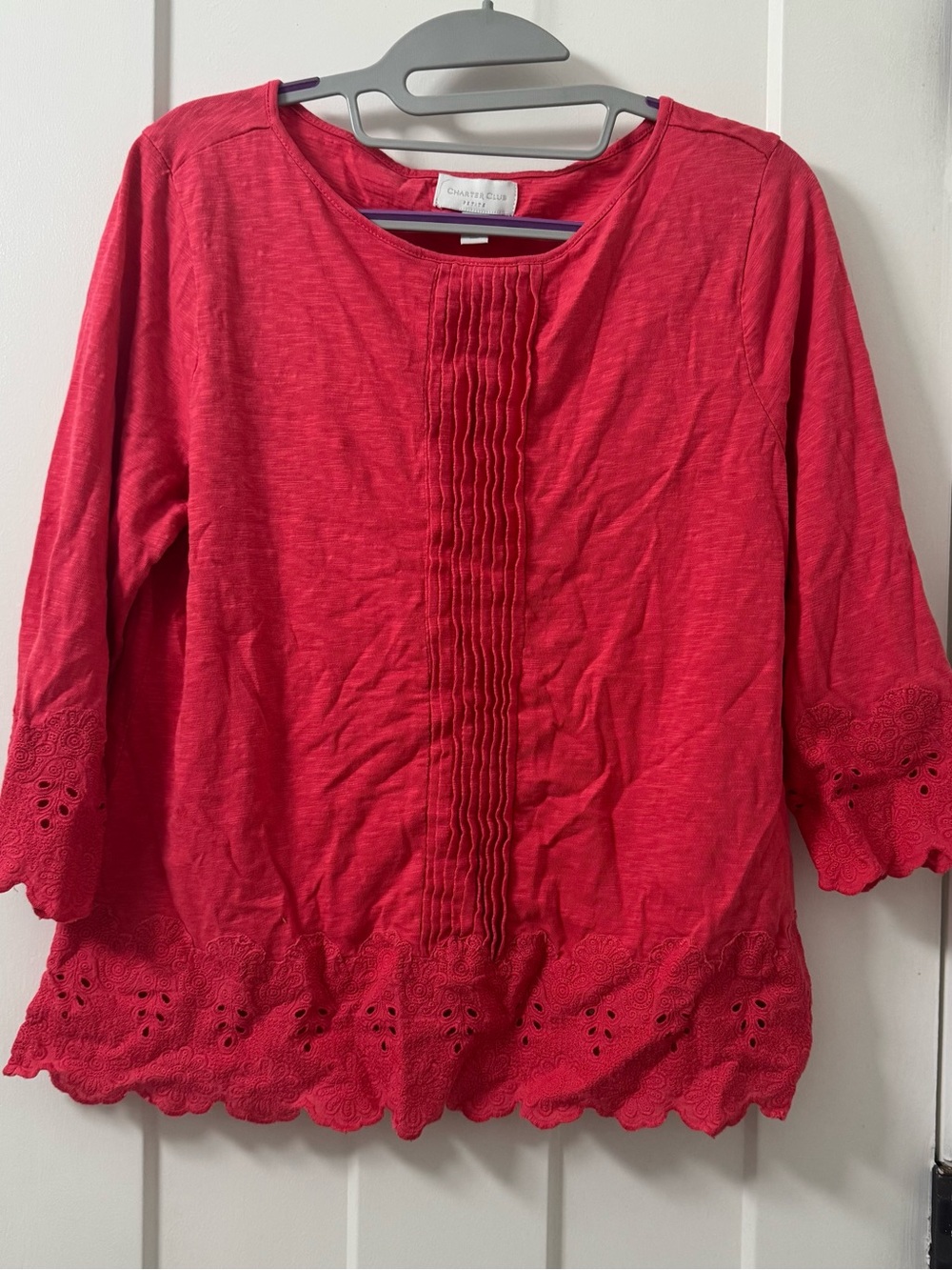 Charter Club Petite Women’s Blouse Long Sleeve Coral‎ Floral Keyhole Pattern PL